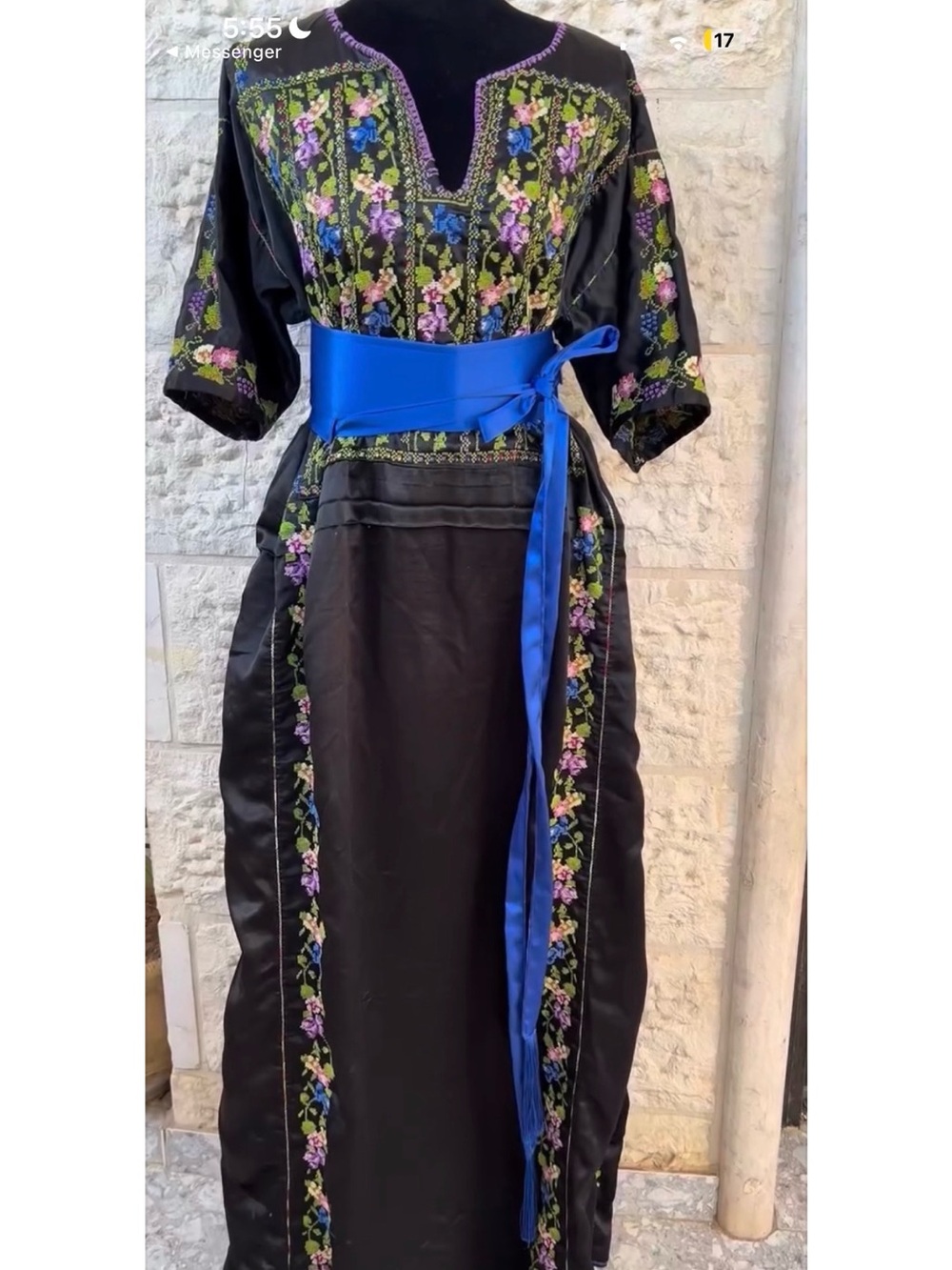 Black Embroidered Maxi Dress with Blue Sash